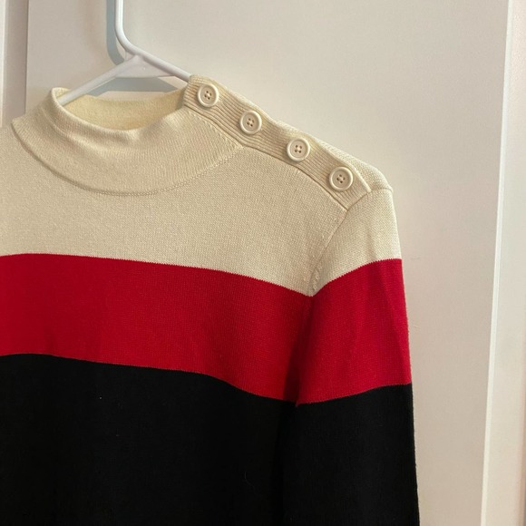 Talbots Sweater Dress Mock Neck Button Shoulder Black Red Cream Size Small - Picture 2 of 4